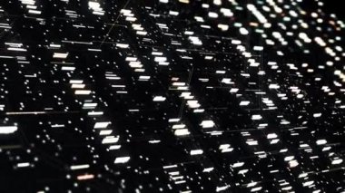 Soyut parçacık teknolojik örüntüsü. Animasyon. Beyaz kısa çizgilerin tek renkli arkaplanı akan ve yanıp sönen, pürüzsüz döngü.
