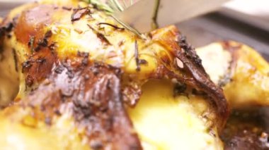 Kızarmış tavuk ve çıtır çıtır ekmeği yakından çek. Başla. Mutfak bıçağıyla biberiyeli fırında pişmiş leziz tavuk..