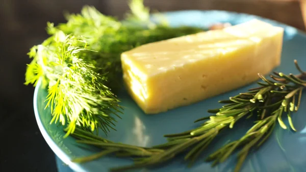 在模糊的背景下，接近奶酪盘和绿叶一起食用。行动。美味的奶酪，新鲜的青葱和迷迭香躺在蓝色盘子，食物和香菜的概念. — 图库照片