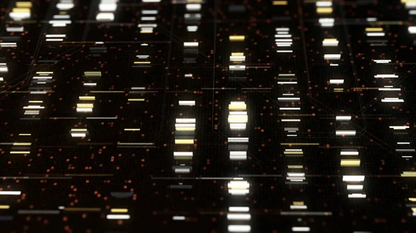 Traitement de code sur circuit imprimé, serveur abstrait. Animation. Les données se déplacent sous la forme de rangées de rectangles lumineux à l'intérieur d'un serveur ou d'un ordinateur, boucle transparente. — Photo