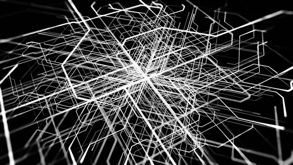 Líneas blancas abstractas moviéndose y doblándose desde el centro de la pantalla negra en diferentes trayectorias. Animación. Patrón monocromo con rayas que crean laberinto sin fin. — Foto de Stock