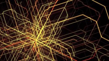 Birçok geçiş ve bükme kirişleri siyah arka planda izole edilmiş. Animasyon. Renkli çizgilerin birçok bağlantısı bir noktada toplanır ve sonra kaybolur..