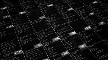 Bilgisayar kodları siyah arkaplanda numaralar olan hücrelerde. Animasyon. Tablonun hücrelerindeki verileri sayıların çıkarımlarıyla çok değiştiriyoruz. Dijital verili iş tablosu