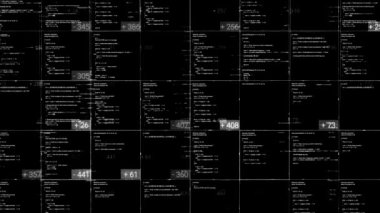 Siyah grubunda veri ve numaralar olan dijital tablo. Animasyon. Sayısal istatistik ve göstergelerle dolu iş tablosu. Sayısal verileri dijital formda olan modern tablo