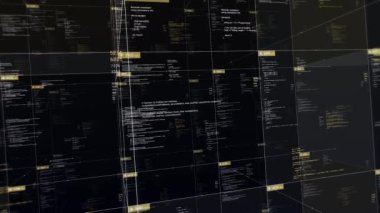 Siyah arkaplanda kaynak kodları olan tablolar. Animasyon. Değişen değerler ve kaynak kodlarla siber uzayda 3B tablo. Hücrelerde program kodları olan şeffaf tablo