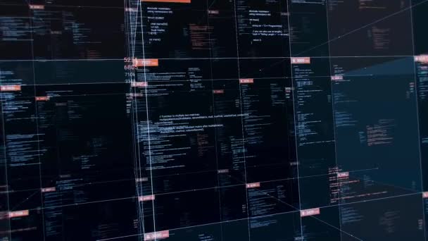 Tabellen mit Quellcodes auf schwarzem Hintergrund. Animation. 3D-Tabelle im Cyberspace mit sich ändernden Werten und Quellcodes. Transparente Tabelle mit Programmcodes in Zellen — Stockvideo