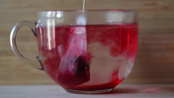 Sachet de thé rouge plongeant dans une tasse transparente avec de l'eau chaude sur fond mural en bois. Concept. Gros plan du brassage du thé karkade rouge dans une grande tasse avec de l'eau. — Video