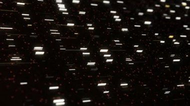 Devre kartında kod işleme, soyut sunucu. Animasyon. Veri, bir sunucu veya bilgisayar içinde, pürüzsüz bir döngü içinde parlayan dikdörtgenler şeklinde hareket eder.