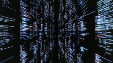 Siyah arka planda siber uzayda kaynak kodları. Animasyon. Kaynak kodlardan oluşan duvarlarla siber uzaya dalın. Kodlu yazılımla matrise erişim