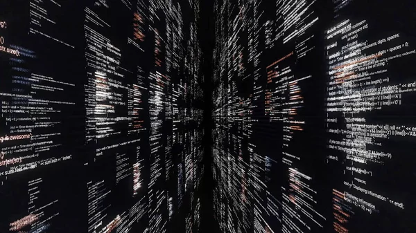 Source code walls on black background. Animation. Dive into cyberspace with walls of source code on black background. Programs and codes of matrix cyberspace — Stock Photo, Image