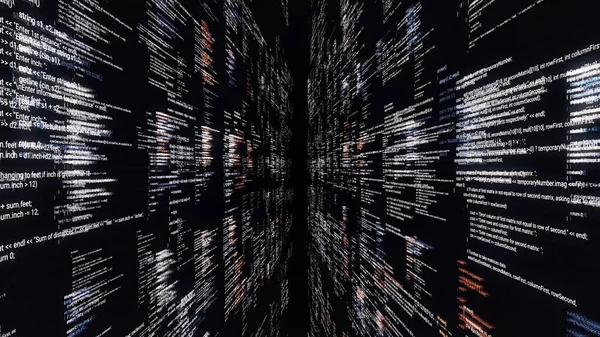 Source code walls on black background. Animation. Dive into cyberspace with walls of source code on black background. Programs and codes of matrix cyberspace