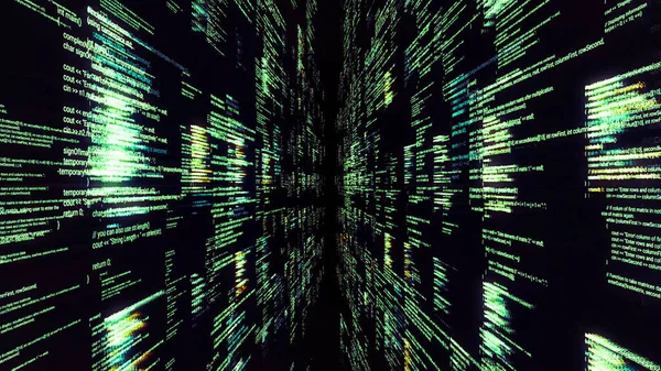 Source codes in cyberspace on black background. Animation. Inside software or matrix with 3D walls of source code. Dipping into matrix through passageway from source codes — Stock Photo, Image