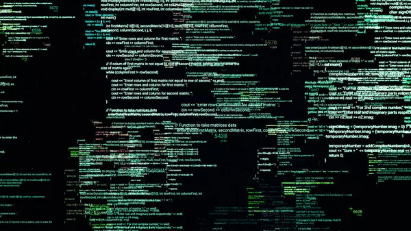 Multiple source codes in matrix cyberspace. Animation. Changing and overlapping software source codes on black background. Matrix encoding language. Programming concept