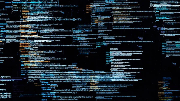 Page with source codes on black background. Animation. Overlapping source codes in cyberspace. Background of many changing source codes. Programming concept — Stock Photo, Image