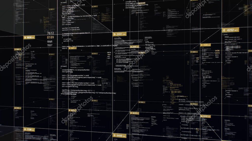 Tablas con códigos fuente sobre fondo negro. Animación. Tabla 3D en el ciberespacio con valores