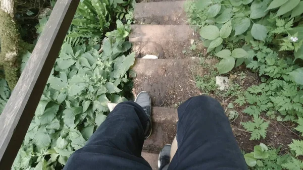 Visão superior das pernas masculinas se movendo pela trilha da floresta rural. Clipe. Tiro em primeira pessoa de um homem usando tênis cinza e jeans descendo as escadas de pedra na floresta. — Fotografia de Stock