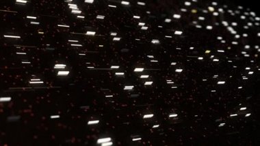 Siyah arkaplanda hareket eden dijital veriler, kusursuz döngü. Animasyon. Sarı ve beyaz renklerden oluşan üç boyutlu bilgi bloklarına sahip soyut sanal alan.