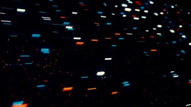 Siyah zemin üzerinde kırmızı, mavi ve beyaz parçacıklardan oluşan soyut akışkan dikdörtgen parçacıklar, kusursuz döngü. Animasyon. Parlayan küçük figürler çarpışıyor ve ilerlemeye devam ediyor..