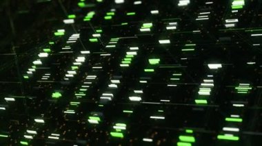 Devre kartında kod işleme, soyut sunucu. Animasyon. Veri, bir sunucu veya bilgisayar içinde, pürüzsüz bir döngü içinde parlayan dikdörtgenler şeklinde hareket eder.