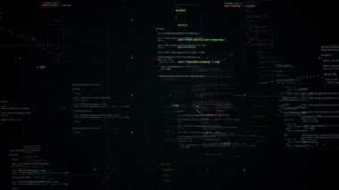 Hareket eden sembollü soyut bilgisayar monitörü. Animasyon. Siyah arkaplan üzerinde yeşil linux terminal komutları, işletim sistemleri ve teknolojiler konsepti.