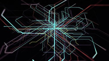 Siyah arkaplandaki bir noktadan tüm kenarlara çok sayıda dar kiriş gidiyor. Animasyon. Çoklu seçim ve farklı seçenekler kavramı.