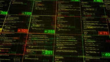 Bilgisayar siyah ekranında hackleme faaliyetleri. Animasyon. Siyah arkaplan üzerinde hacker terminal hatları olan Siber Suçlar Ağı faaliyetleri, kusursuz döngü.