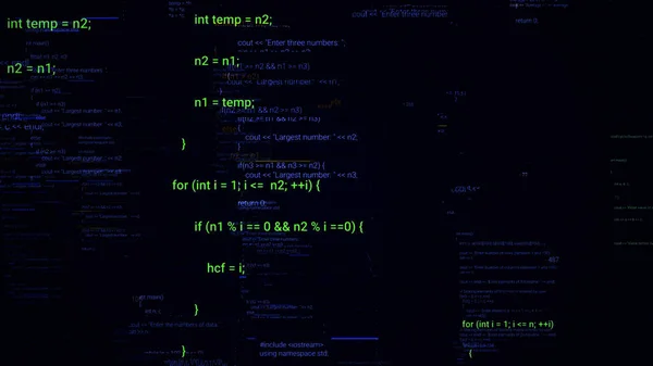 Penerbangan abstrak melalui kode komputer bergerak pada latar belakang hitam dengan efek 3D. Animasi. Baris kode tertulis, perangkat lunak futuristik dan konsep era informasi. — Stok Foto