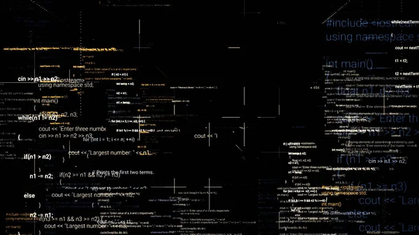 Abstrakter Flug durch beweglichen Computercode auf schwarzem Hintergrund mit 3D-Effekt. Animation. Zeilen schriftlichen Codes, futuristische Software und Konzept für das Informationszeitalter. — Stockfoto