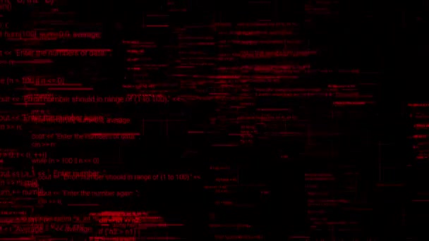 Lecąc wstecz przez symbole kodu komputerowego. Animacja. Abstrakcyjna cyberprzestrzeń z wieloma opcjami czerwonego koloru na czarnym tle, płynna pętla. — Wideo stockowe