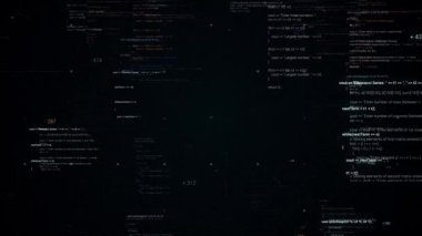 Siyah arka planda hareket eden bilgisayar kodu üzerinden üç boyutlu efektli soyut uçuş. Animasyon. Yazılı kod satırları, fütüristik yazılım ve bilgilendirme dönemi kavramı.