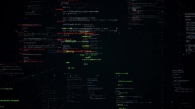 Siyah arka planda hareket eden bilgisayar kodu üzerinden üç boyutlu efektli soyut uçuş. Animasyon. Yazılı kod satırları, fütüristik yazılım ve bilgilendirme dönemi kavramı.