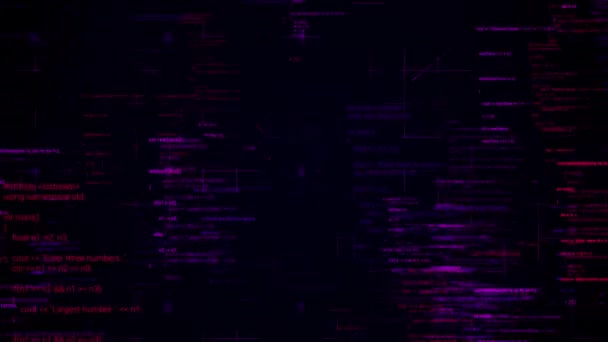Lecąc wstecz przez symbole kodu komputerowego. Animacja. Abstrakcyjna cyberprzestrzeń z wieloma opcjami fioletowych i różowych kolorów na czarnym tle, płynna pętla. — Wideo stockowe