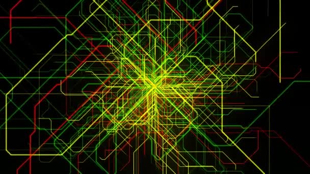 Abstraktní pohyb technologického potrubí na pozadí černé obrazovky. Animace. Žluté, zelené a červené čáry mění směr a ohýbají se kolem jednoho bodu. — Stock video