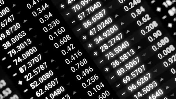 Résumé des données financières, en changeant les symboles sur fond d'écran noir de l'ordinateur. Animation. Gros plan sur les statistiques boursières et boursières, concept d'entreprise, monochrome. — Video