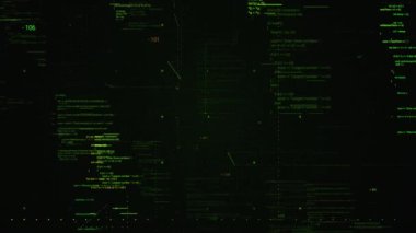 Sanal uzayda bir bilgisayar programının kaynak kodları arasında geçiş yapmak. Animasyon. Siyah arkaplan üzerinde değişen sembollerin soyut akış çizgileri, pürüzsüz döngü.