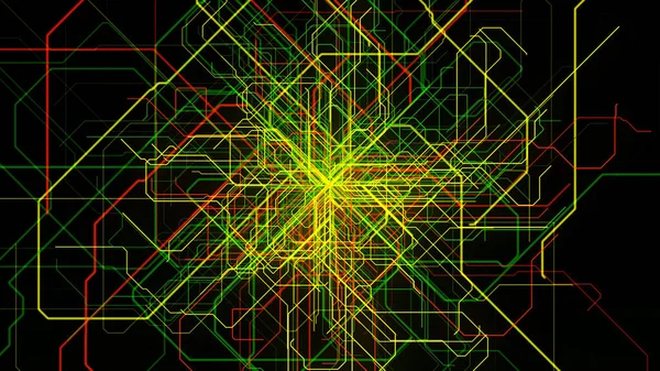 블랙 스크린 배경의 기술적 파이프라인움직임을 추상화 한다. 애니메이션. 노랑, 초록, 빨강 선은 방향을 바꾸고 한 점을 기준으로 구부린다. — 스톡 사진