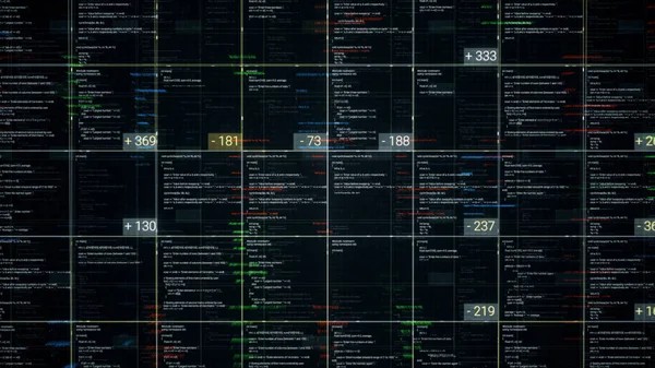 Blöcke abstrakten Programmcodes fließen und ändern sich auf schwarzem Hintergrund. Animation. Datenfluss auf dem Bildschirm eines Computers oder Laptops, IT, Softwareentwicklung und Hacking-Konzept. — Stockfoto