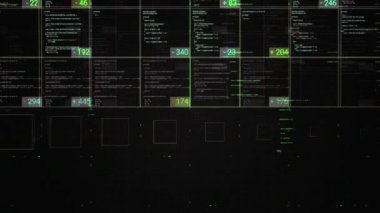 Siyah arkaplan üzerine programlanmış kod blokları, kusursuz döngü. Animasyon. Soyut bilgisayar betiği, programlama kodu teknoloji arkaplanı olarak.