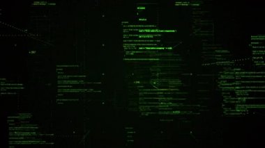 Hareket eden sembollü soyut bilgisayar monitörü. Animasyon. Siyah arkaplan üzerinde yeşil linux terminal komutları, işletim sistemleri ve teknolojiler konsepti.