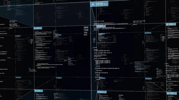 Una cuadrícula de datos de números de transmisión cambiando en pantalla. Animación. Abstracto millones de bloques voladores de contenido cambiando todo el tiempo en el fondo negro, bucle sin fisuras. — Foto de Stock