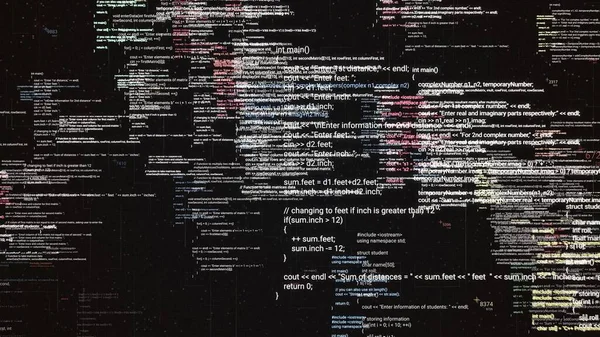Código fuente digital abstracto de un programa informático en pantalla virtual. Animación. Registro de estadísticas y procesamiento de datos sobre fondo negro, bucle sin fisuras. — Foto de Stock