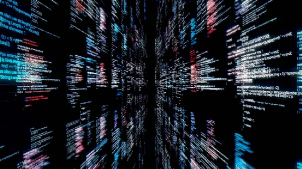 Black screen with programming language code running with glitch effect, seamless loop. Animation. System engineering, concept of modern games or apps creation. — Stock Photo, Image