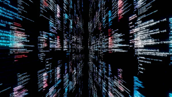 Écran noir avec code de langage de programmation fonctionnant avec effet de bug, boucle transparente. Animation. Ingénierie système, concept de création de jeux ou d'applications modernes. — Photo