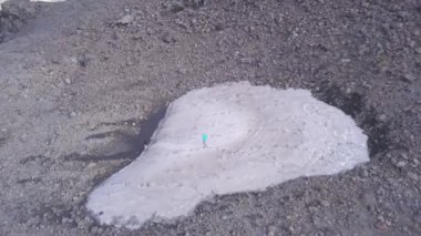 Dağlarda karla kaplı küçük bir yer. Şarjör. Tırmanışçılar tepelere tırmanırken bir miktar kar buldular. Yazın dağ eteklerinde nadir kar lekeleri