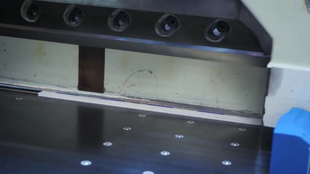 자동 종이 절단 기계의 근접 사진. 자료 화면이요. 커다란 종이 뭉치를 자르기 위한 직선 칼날을 가진 현대의 기계. 사람이 기계에 종이를 쌓아 놓는다 — 비디오