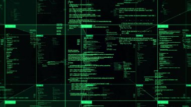 Dijital kod ve veri ile ileri teknoloji grafik arayüzü. Animasyon. Otomatik programlama kodu blokları ile soyut ekran, yapay zeka kavramı.