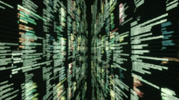 Компьютерный скрипт бесконечно печатается на черном фоне с размытым эффектом. Анимация. Программирование и создание новых строк хакерского кода, бесшовный цикл. — стоковое фото