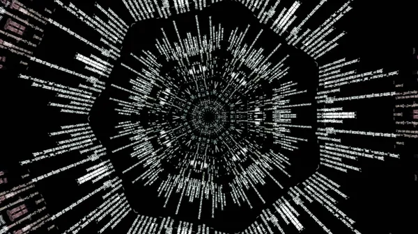 Καλειδοσκόπιο μοτίβο των δεδομένων και των πληροφοριών προγραμματισμού υπολογιστή σε μαύρο φόντο. Κινούμενα σχέδια. Αφηρημένη πληροφοριακή χοάνη με υπολογιστή τρέχει κώδικα, αδιάλειπτη βρόχο. — Φωτογραφία Αρχείου