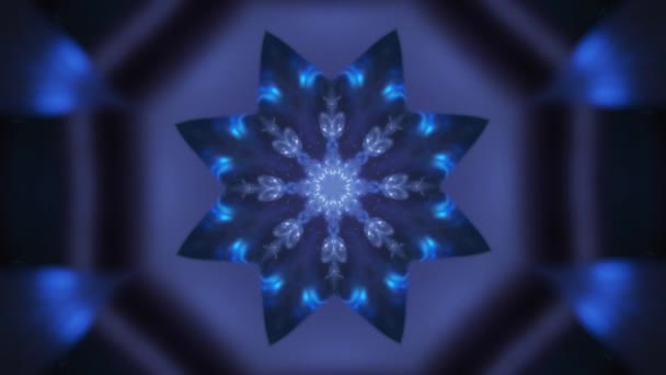 Kaleidoskop pozadí měnící zmrazené krystaly, bezešvé smyčky. Média. Modré cákance pohyblivých a zářících sněhových vloček etnické ozdoby, hypnotický pohyb, dynamický symetrický abstraktní design. — Stock video