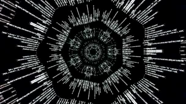 Kaléidoscope modèle de données et d'informations de programmation informatique sur fond noir. Animation. Entonnoir informationnel abstrait avec code d'exécution informatique, boucle transparente. — Video